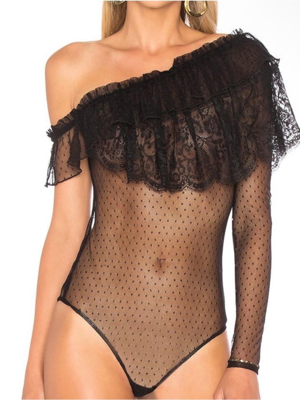 House of Harlow 1960 Black One-Shoulder Sheer Lace Ruffle Bodysuit